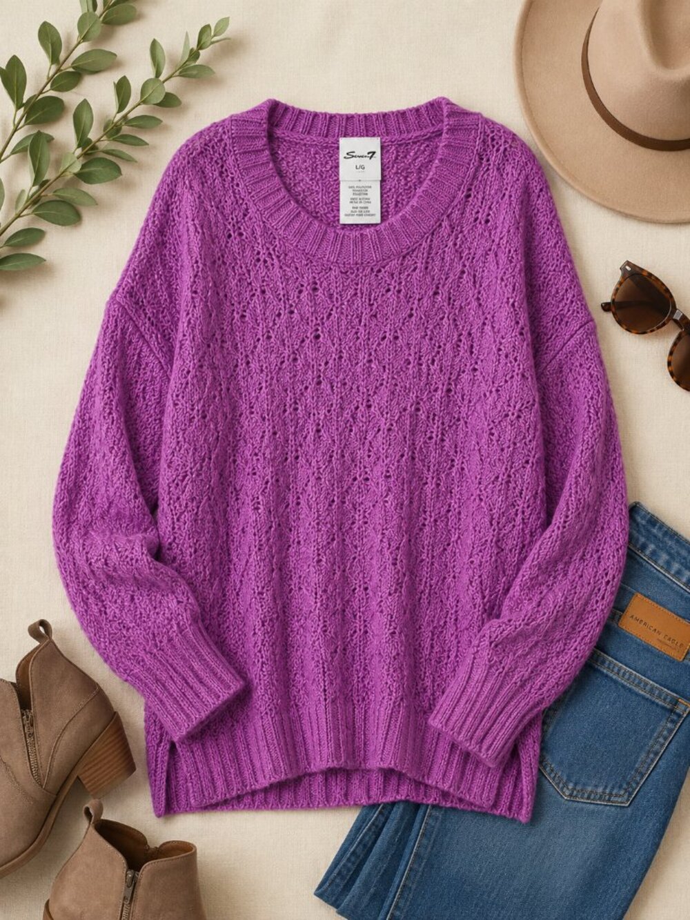 Seven7 Purple Open Knit Sweater Women's Large Oversized Crew Neck Lightweight